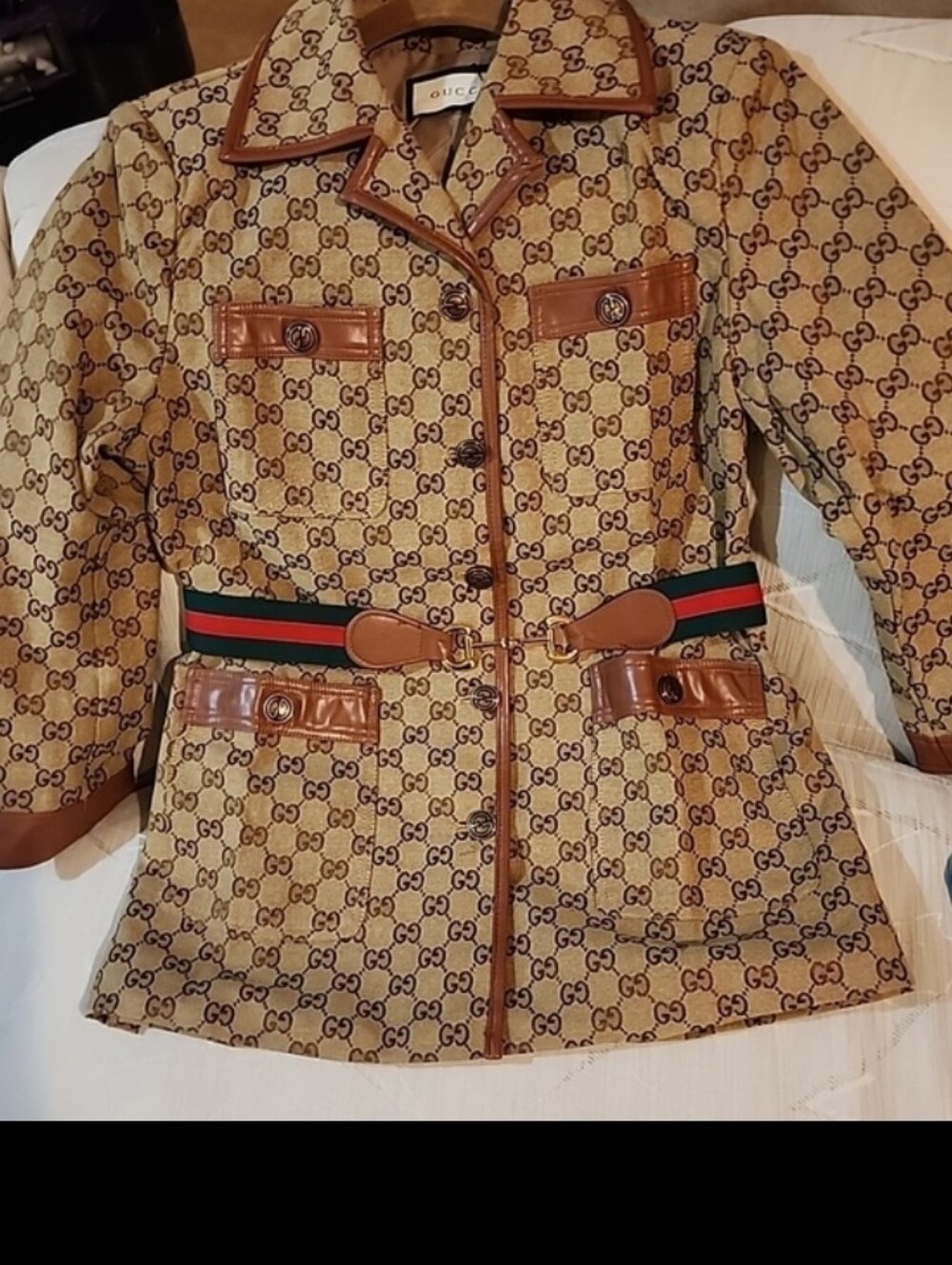 Designer Tan GG Monogram Leather-Trim Belted Blazer - Picture 8 of 10